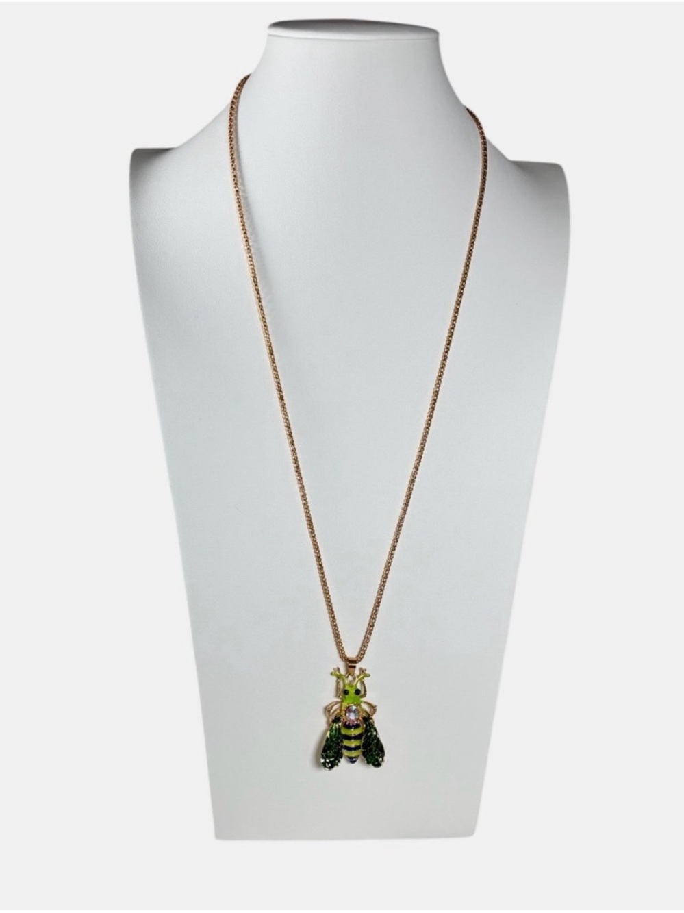 Betsey Johnson Green Enamel Crystal Insect Bee Pendant Necklace - Picture 2 of 8